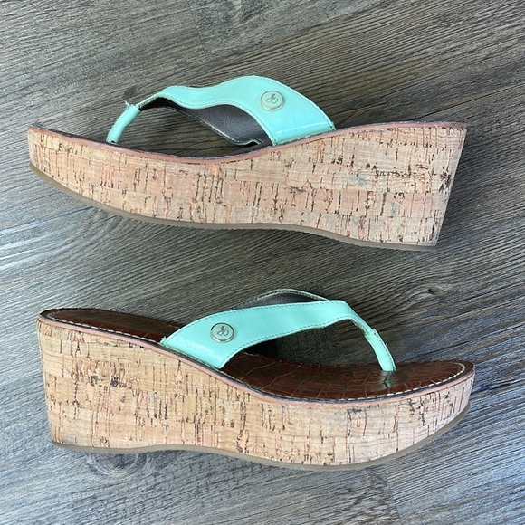 Sam Edelman Women’s Romy Cork Wedge Sandal, Teal and brown, size 7 - Picture 1 of 11